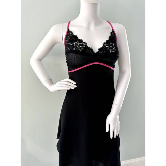 Vintage Victoria's Secret Black Slip Dress with Pink Trim & Lace Detail size 8 - Picture 8 of 9